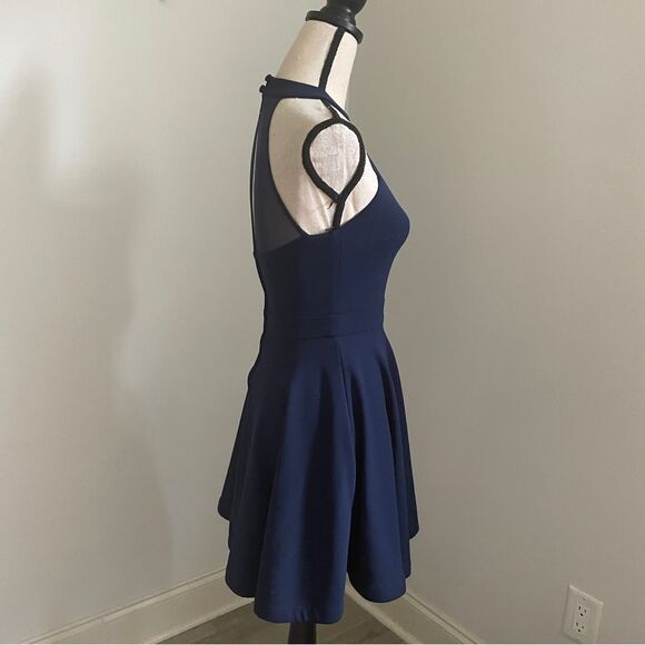 B Darlin Fit & Flare Halter Mini Dress sz 1/2 Navy Blue Mesh Cutout Party Dress - Picture 2 of 16